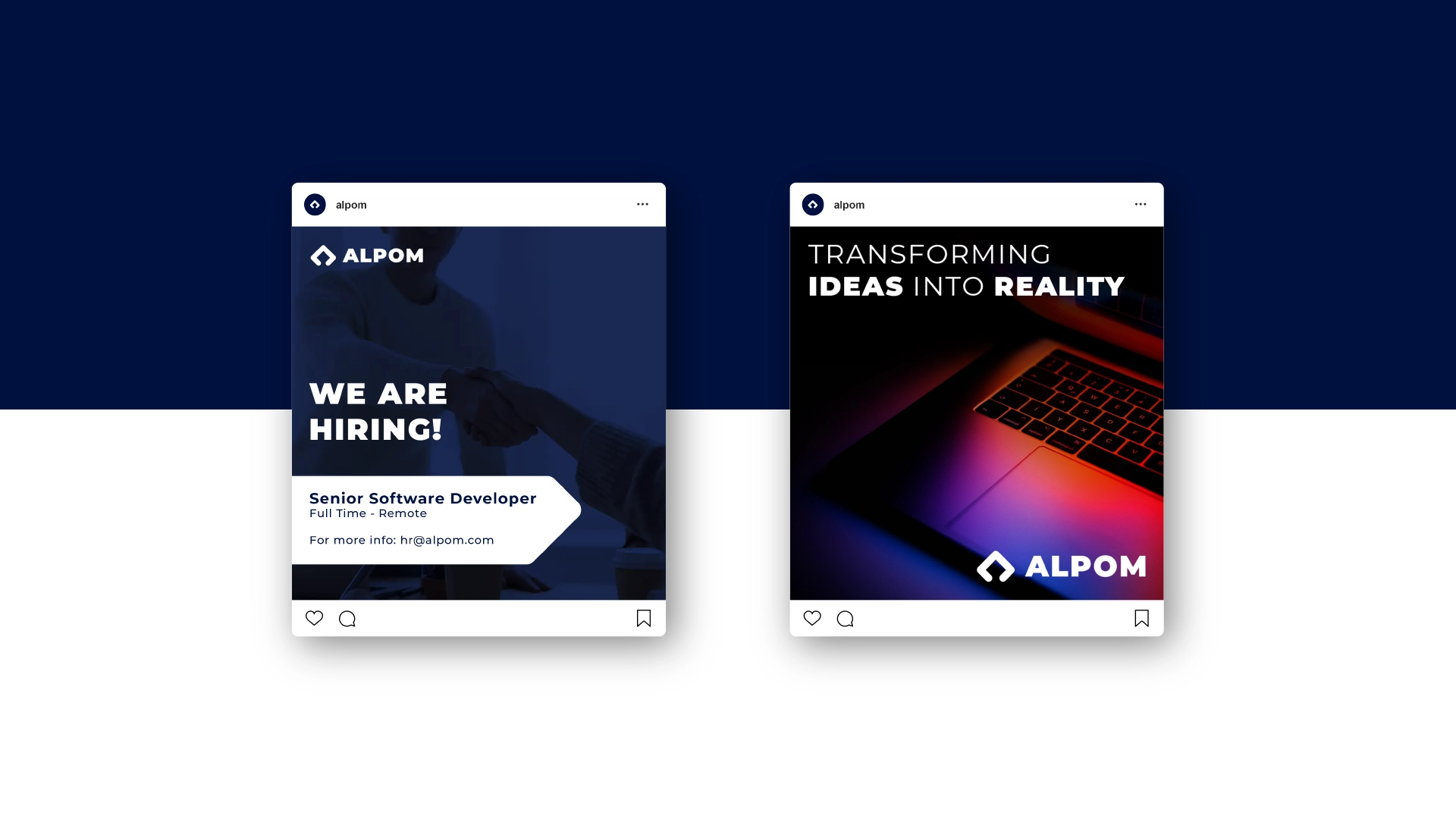 Two Instagram posts, one with: We are hiring, written on it and the other with Alpom's tagline.